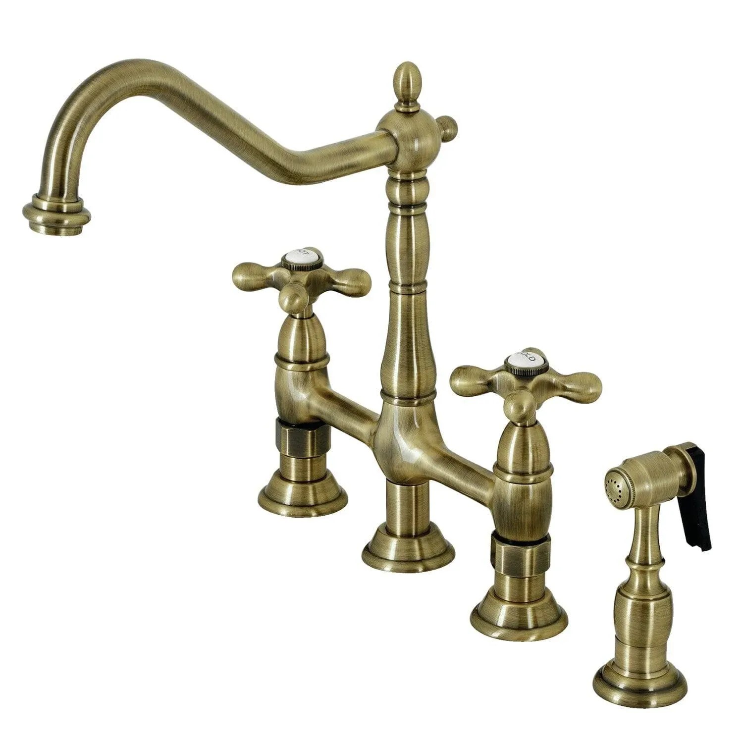 Kingston Brass KS1272AXBS Heritage Bridge Kitchen Faucet with Brass Sprayer Polished Brass