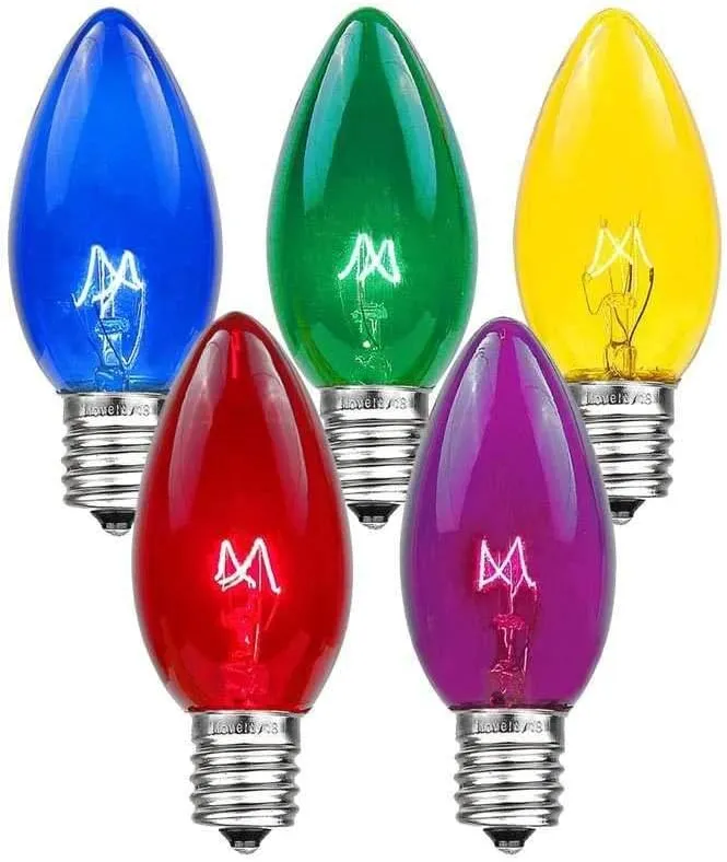 Novelty Lights Twinkle Christmas Replacement Bulbs - Outdoor Individual Bulbs For Events, Holiday Parties, Patios, And More - C7/E12 Candelabra Base, 5 Watt Lights (Multicolor, 25 Pack)