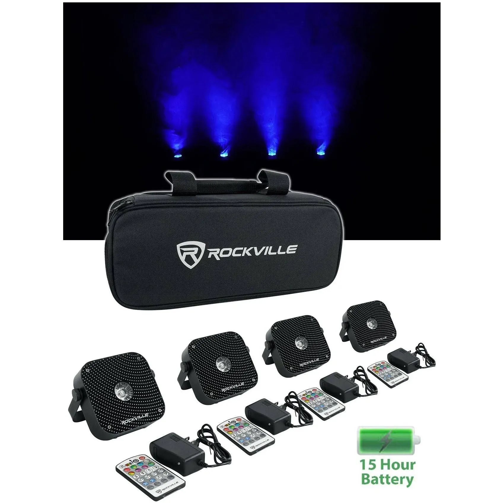 Rockville 4 Pack Mini RF1 V2 RGBWA+UV DJ/Party Wash Up Lights+Par Bag+RF Remote, Silver