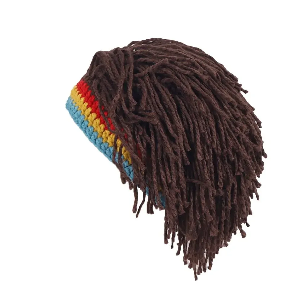 Men Knit Hat with Hair Boys Funny Handmade Knitting Winter Hat Beanie Rasta Hat with Dreadlocks