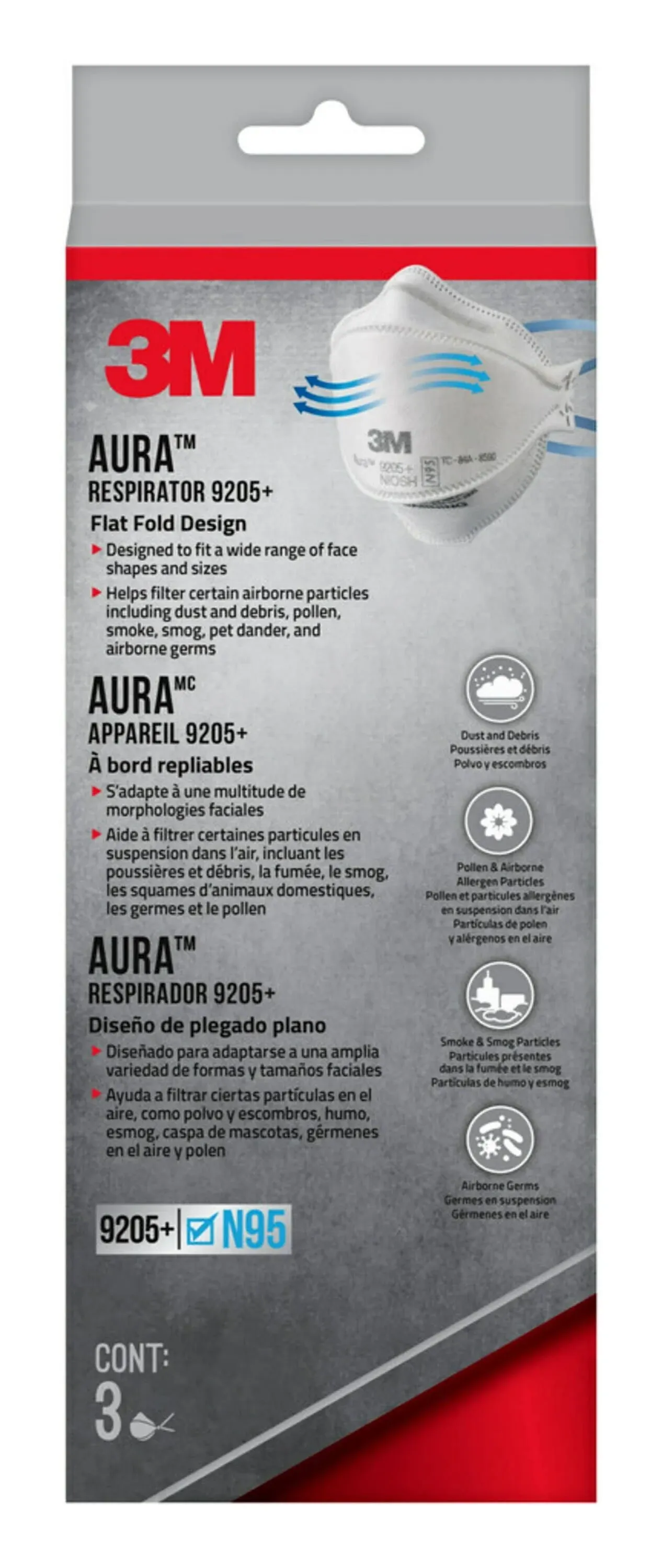 3M Aura Particulate Respirator 9205+ N95, 3-Pack