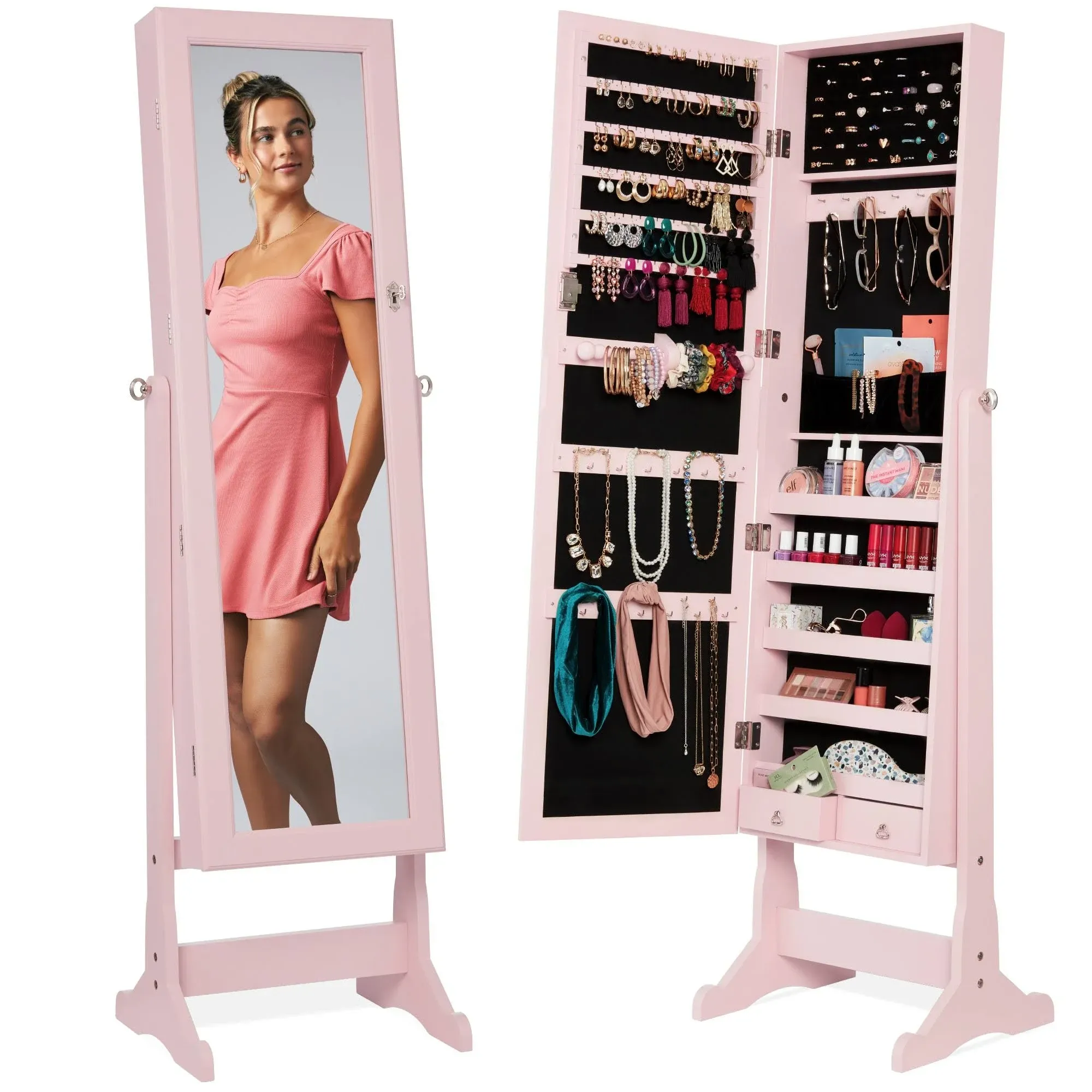 Best Choice Products Jewelry Armoire Cabinet, Full Length Mirror w/ Velvet Storage Interior, Lock - Dusty Pink