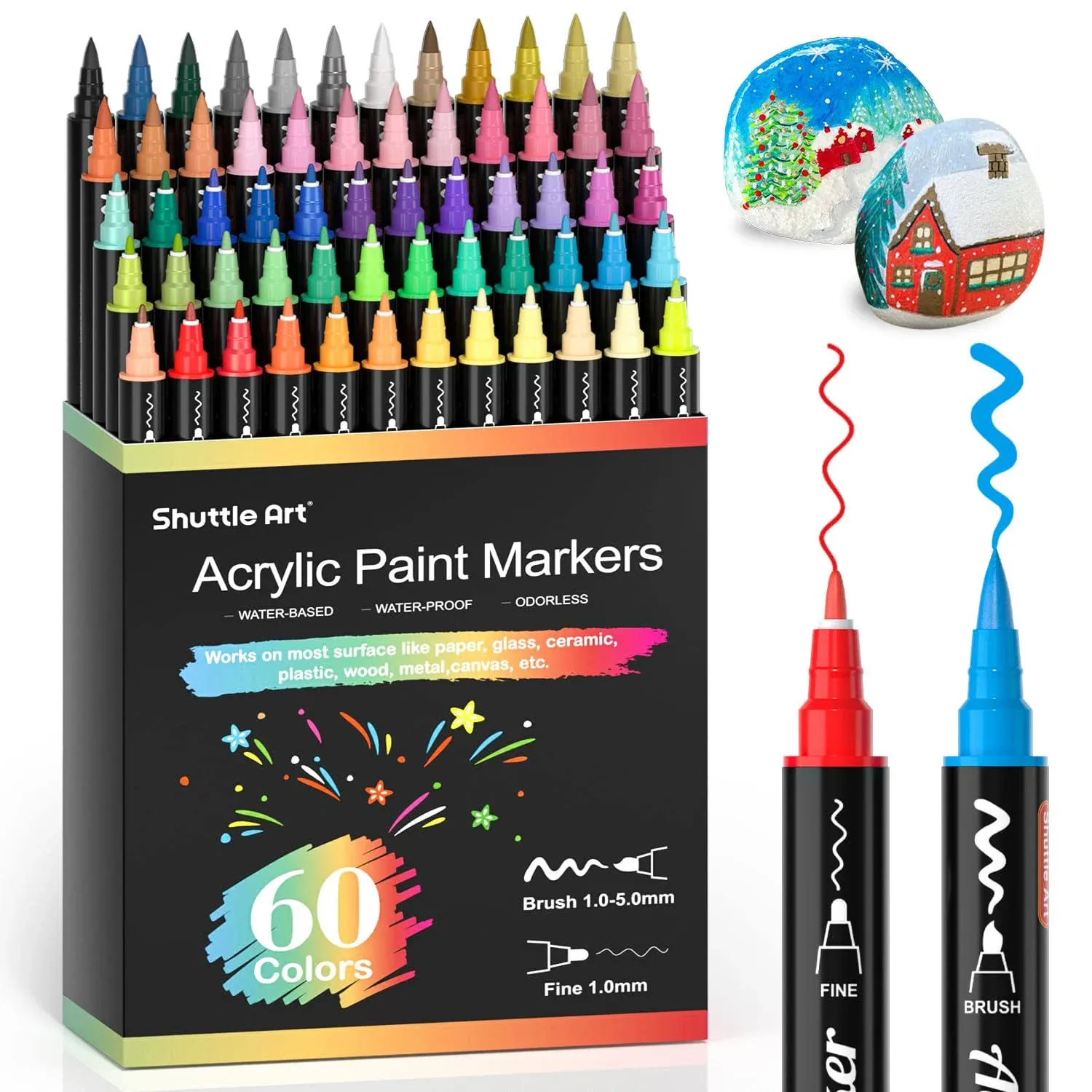 60 Colors Dual Tip Acrylic Paint Markers, Brush Tip and Fine Tip Acrylic Pain...