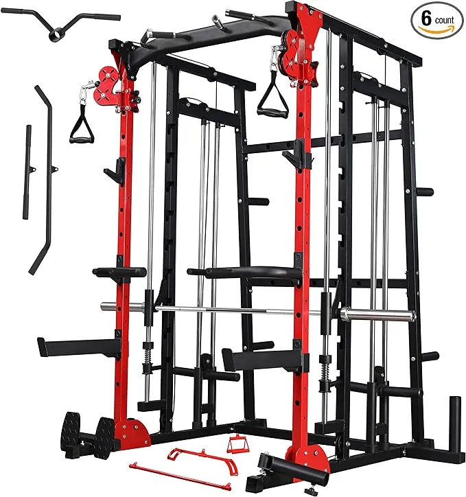 Major Fitness SML07 Machine All-in-One Home Gym Power Cage with Weight Bar and Two LAT Pull-Down Systems and Cable Crossover Machine, Exercise