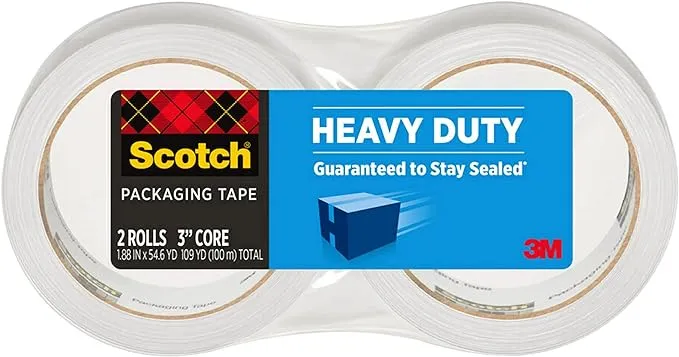 Scotch Heavy Duty Packaging Tape, 1.88" x 54.6 yd, Designed for Packing, Shipping and Mailing, Strong Seal on All Box Types, 3" Core, Clear, 2 Rolls (3850-2)