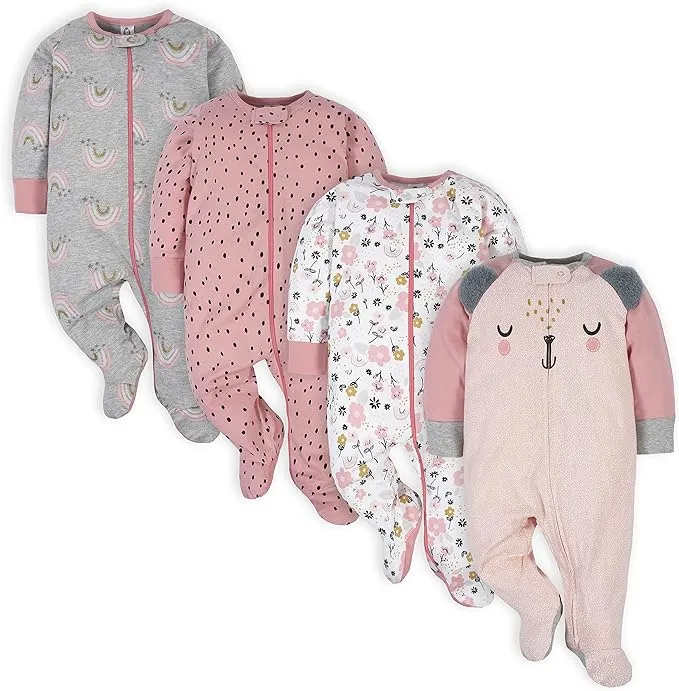 Gerber Baby Girl Sleep 'n Play Footed Pajamas, 4-Pack