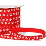 Wraps Single Faced Satin Paw Print Ribbon 1/4" Red with White Paw Print - 50 Yard Roll