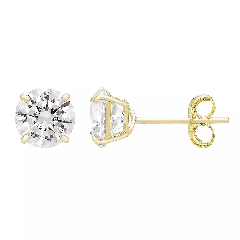 Conventional Round Brilliant Cut CZ Stud Earrings Real Solid 14K Yellow Gold