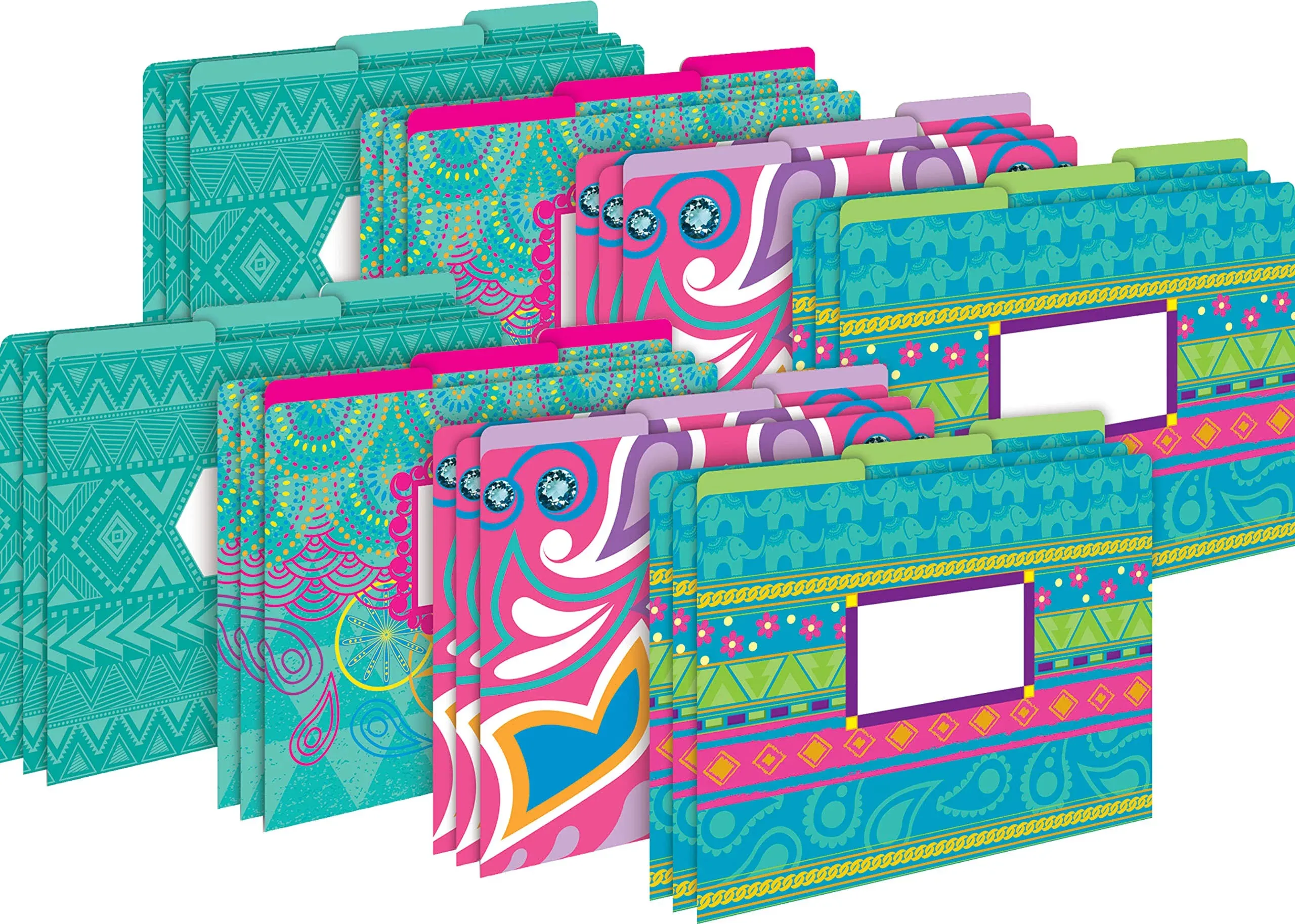 Barker Creek Bohemian Designer File Folders on 14pt Stock, Set of 24, Multi-Design Set, Playful Patterns on Outside, Solid Colors on Inside, Letter-Size File Folders, 1/3 Cut Tabs, 24/Set (4374)