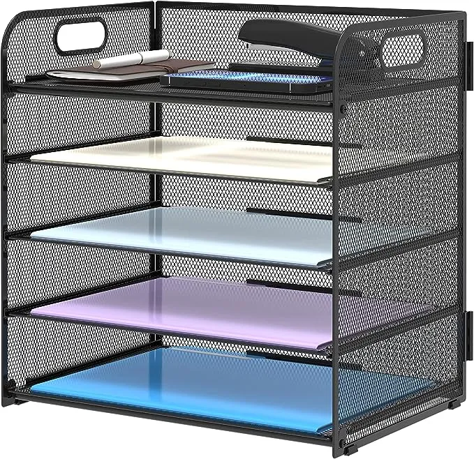 Supeasy 5 Tier Desk Organizer with Handle, Mesh Paper/File Organizer for Desk, Paper Tray Organizer for Office Supplies Black