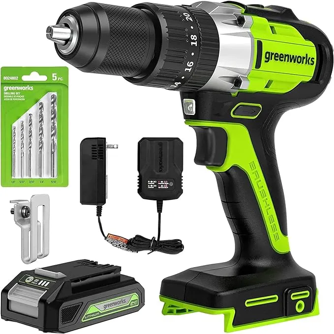 Greenworks 24V Brushless 1/2" Hammer Drill (530 in-lbs.) 2.0Ah Battery and Charger Included, DDG402