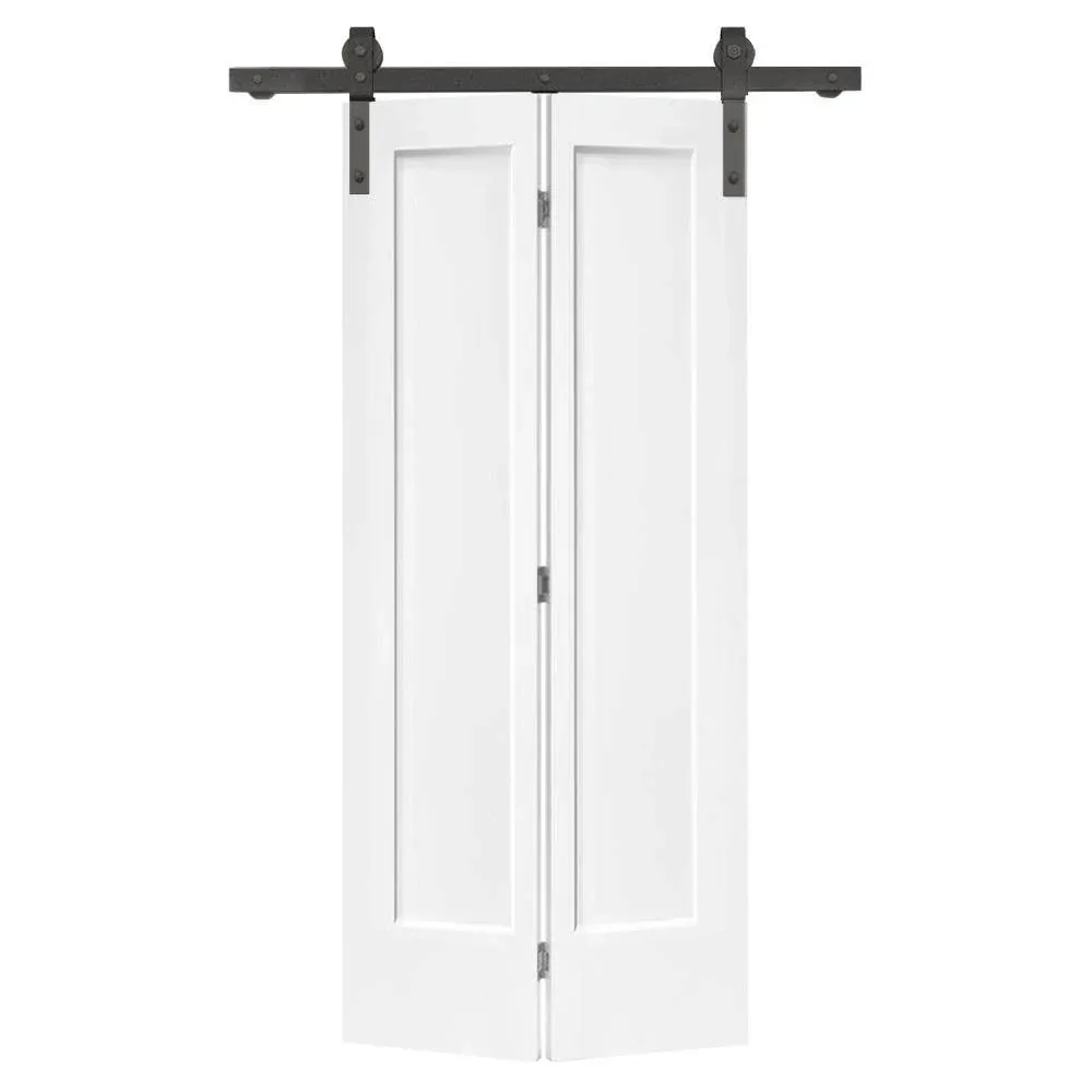 36 in. x 80 in. 1 Panel Shaker White Painted MDF Composite Bi-Fold Barn Door with Sliding Hardware Kit