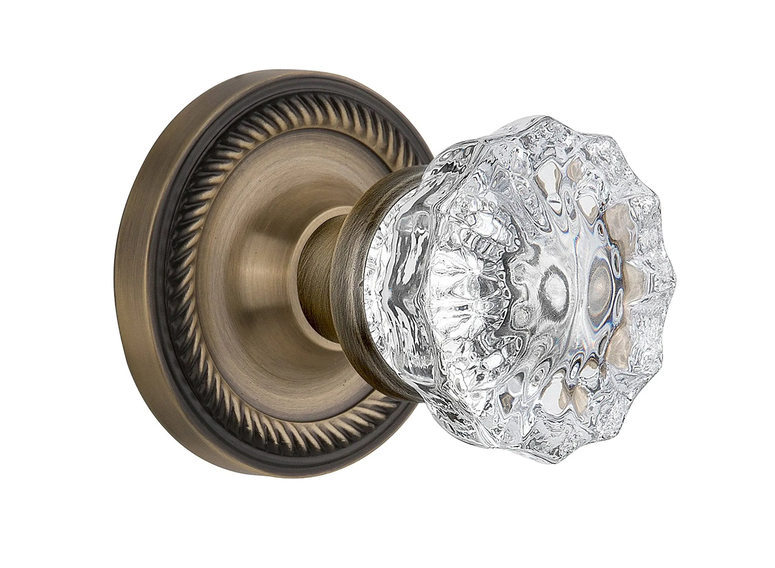 Nostalgic Warehouse 702130 Glass Knob Rope Rosette Crystal, Passage - Backset Size: 2.375", Antique Brass