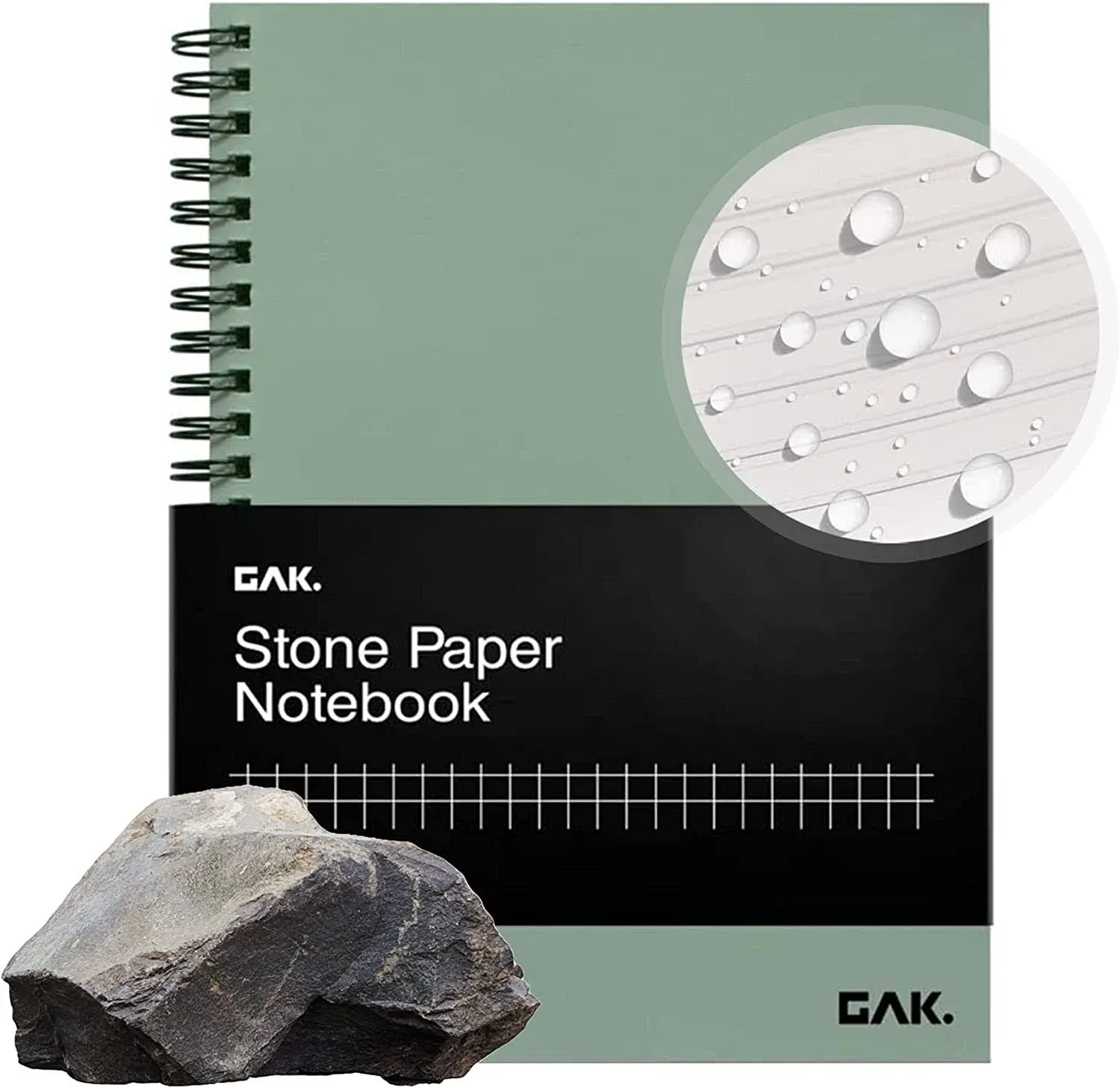 GAK. Stone Paper Waterproof Sheet Spiral Notebook (M Size) – 5.8”x8.3”, Green 