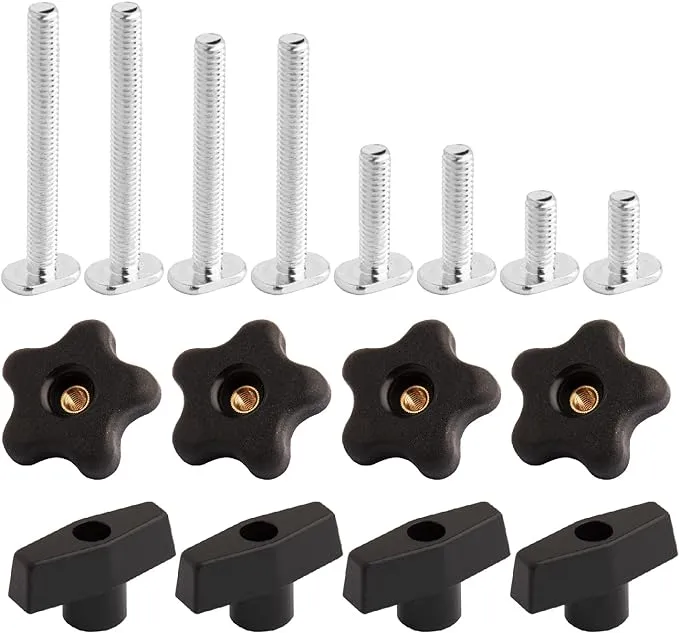 POWERTEC 71121V T Track Knob Kit w/Threaded Knobs and 5/16”-18 T Track Bolts, 16 Piece Set, T Track Accessories for Woodworking Jigs and Fixtures