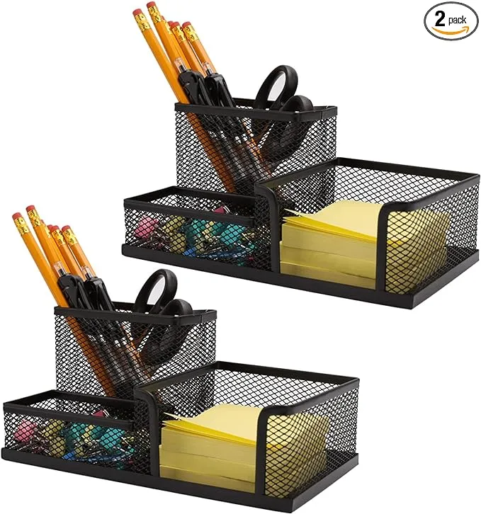 Ludato 2 Pieces Mesh Pen Holder Desk Organizers and Accessories for Desk，3 Compartments Black Pencil Holder for Office Supplies， Gifts for Colleague