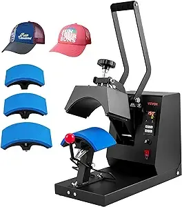 VEVOR 4-in-1 Heat Press Machine for Hats with 6x3inches Curved Teflon-Coated Heat Plate, Easy Temperature Control Non-Slip Base, Four Replaceable Elements 6x3/6.7x2.7/6.7x3.8/8.1x3.5inches