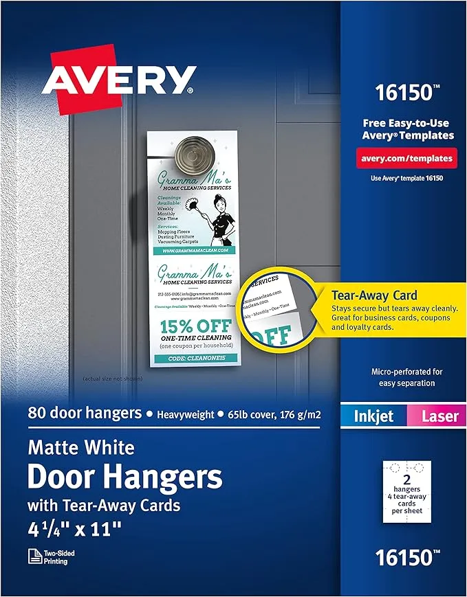 Avery Door Hanger with Tear-Away Cards, Matte White, 4.25 x 11 inches, Pack of 80 (16150)