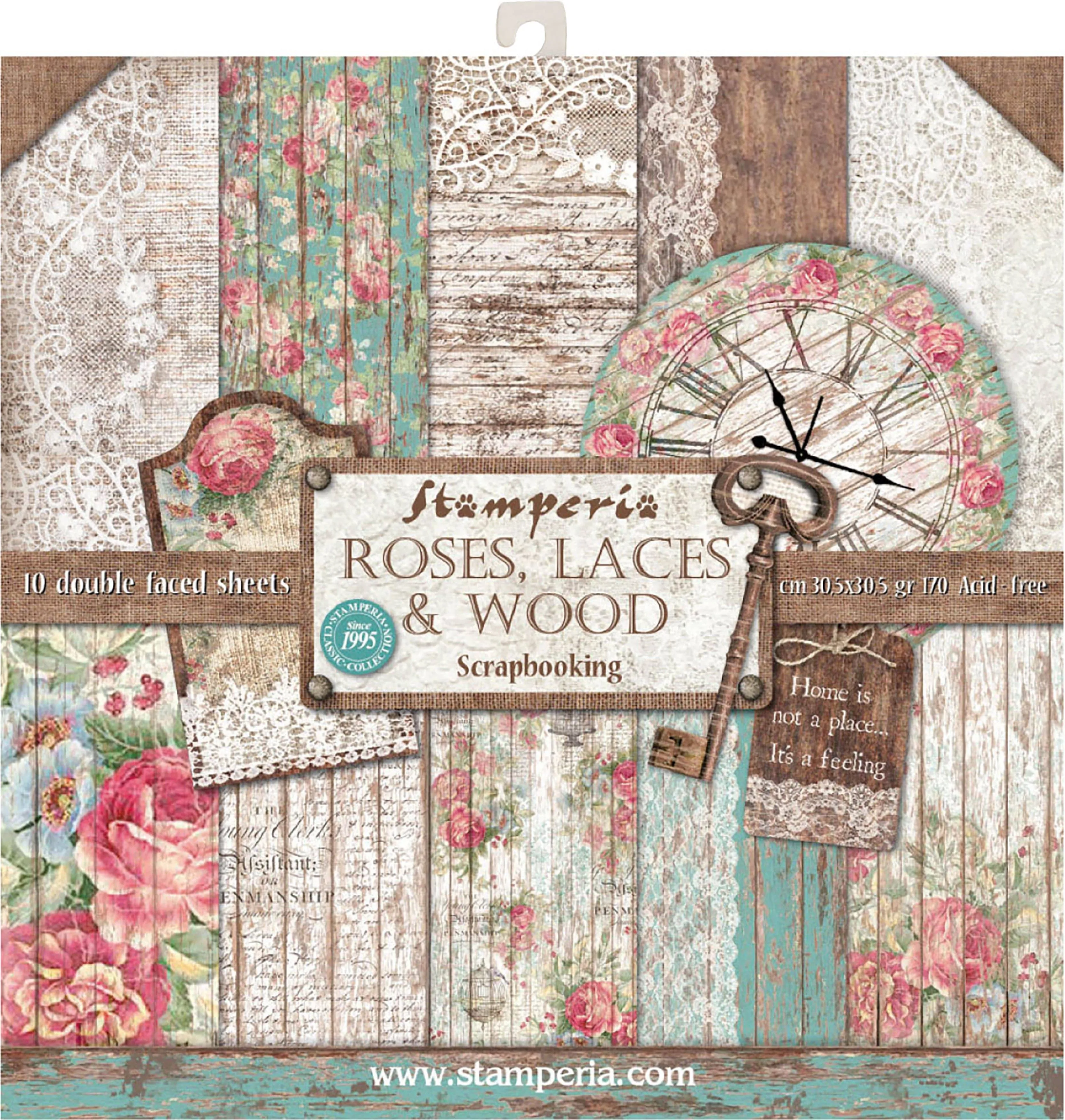 Stamperia International KFT SBBL25 Pack 10 Sheets Double face-Roses, lace and Wood, 30.5 x 30.5 (12" x 12"), Multicoloured