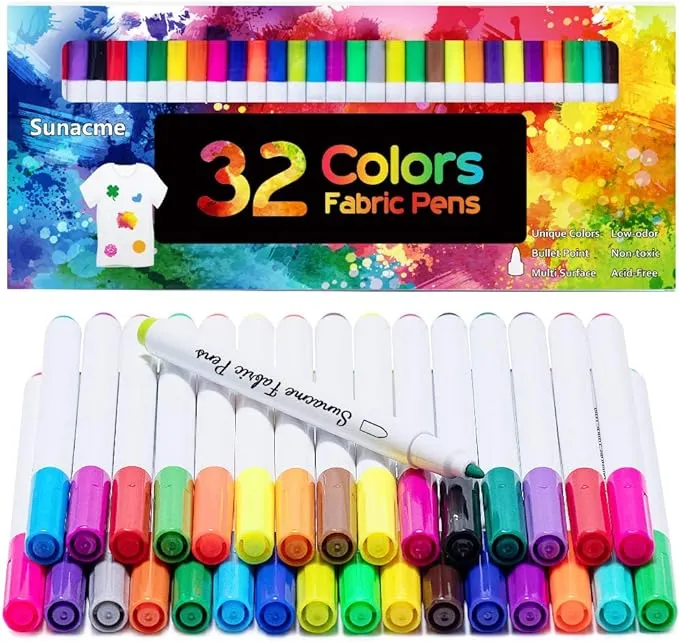 Fabric Markers Pen, 32 Colors Permanent Fabric Paint Pens for T-Shirt, Fine Tips Art Marker Set for Canvas Bags Hats Sneakers and Textiles