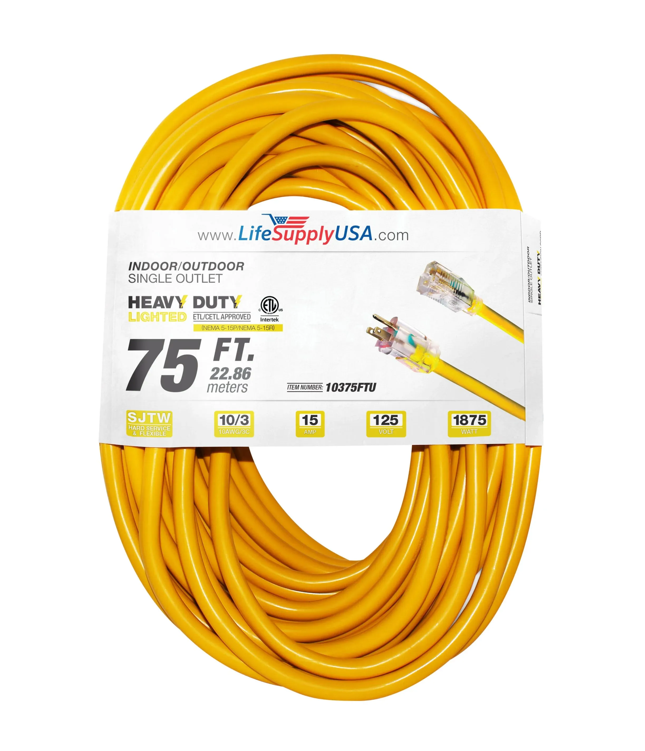 75ft Power Outdoor Extension Cord & Indoor - Waterproof Electric Drop Cord Cable - 3 Prong SJTW, 10 Gauge, 15 AMP, 125 Volts, 1875 Watts, 10/3 ETL Listed, by LifeSupplyUSA - Yellow (1 Pack)