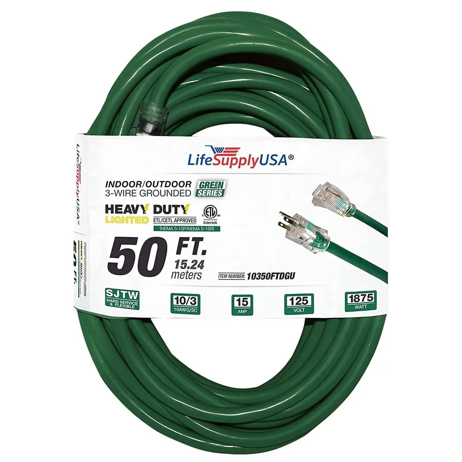 LifeSupplyUSA 50ft Power Outdoor Extension Cord & Indoor - Waterproof Electric Drop Cord Cable - 3 Prong SJTW, 10 Gauge, 15 AMP, 125 Volts, 1875 Watts, 10/3 ETL Listed Green (1 Pack)