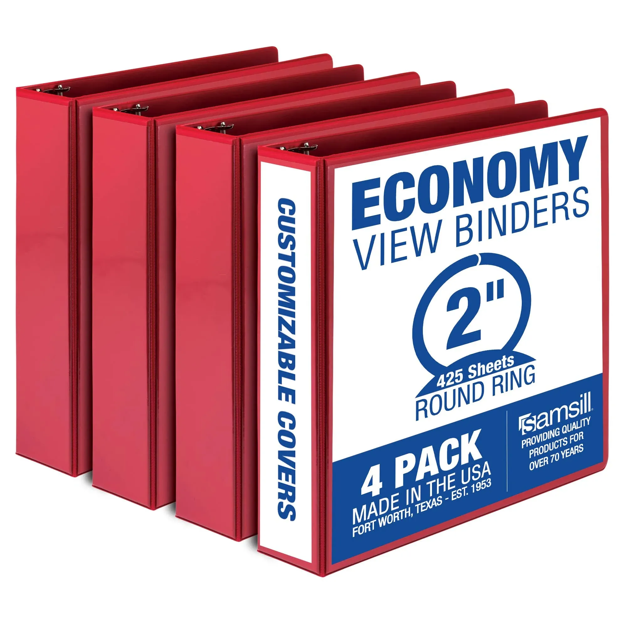 Samsill Economy 2 inch 3 Ring Binder, Made in The USA, Round Ring Binder, Customizable Clear View Cover, Red, 4 Pack (MP48563)