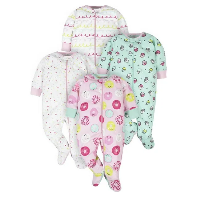 Gerber Baby Girl Sleep 'n Play Footed Pajamas, 4-Pack