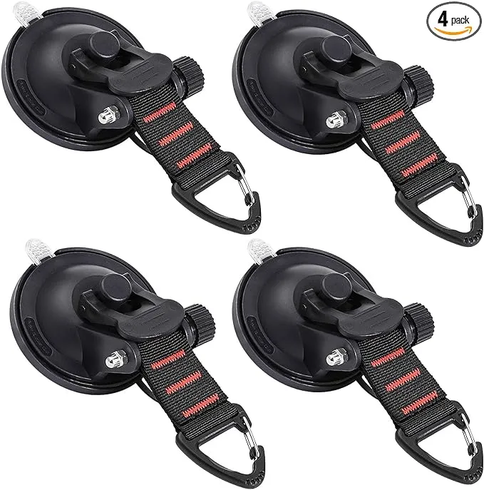 CONBOLA Heavy Duty Suction Cups 4 Pieces with Hooks Upgraded Car Camping Tie Down Suction Cup Camping Tarp Accessory with Securing Hook Strong Power