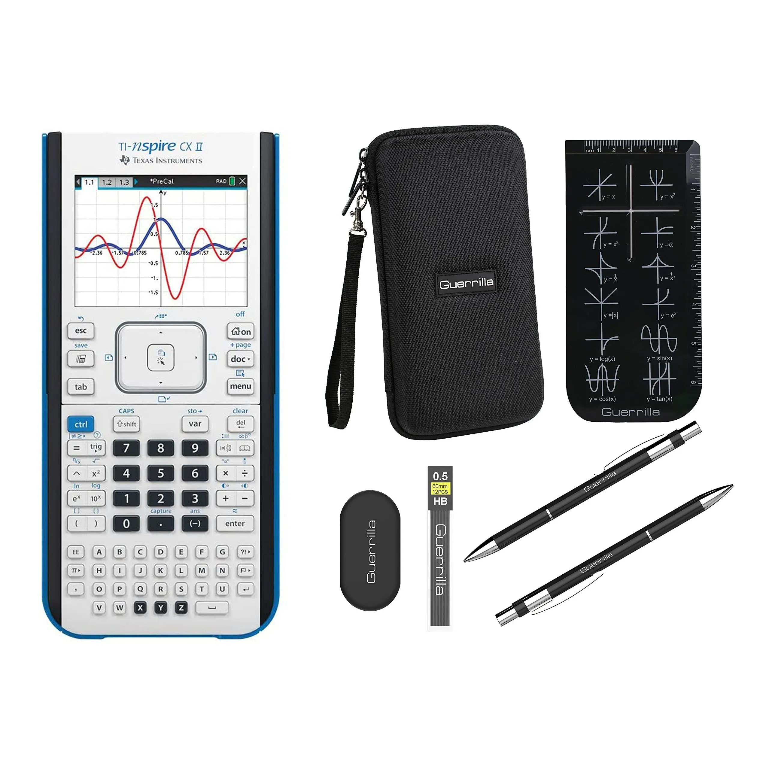 Texas Instruments Ti Nspire CX II Graphing Calculator + Guerrilla Zipper Case + Essential Graphing Calculator Accessory Kit, Black