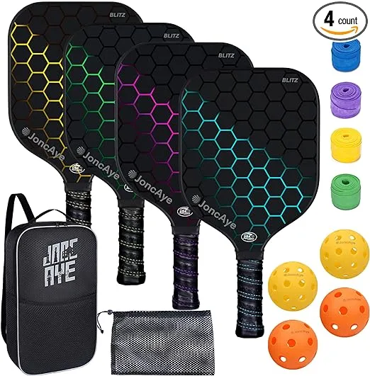 JoncAye Pickleball-Paddles-Set of 4 or 2 Rackets with Balls and Bag | USAPA Approved Pickle-Ball Equipment with Accessories | Fiberglass/Graphite Pickleball Racquet Set for Men, Women, Kids, Adults