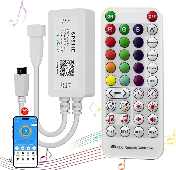 PAUTIX WiFi Music Pixel LED Smart Controller SP511E,for WS2811 WS2812 SM16703 Addressable Dream Color LED Strip Pixels Light DC5V-24V APP/IR Remote Control(NOT for RGB LED Strip Without Smart IC)