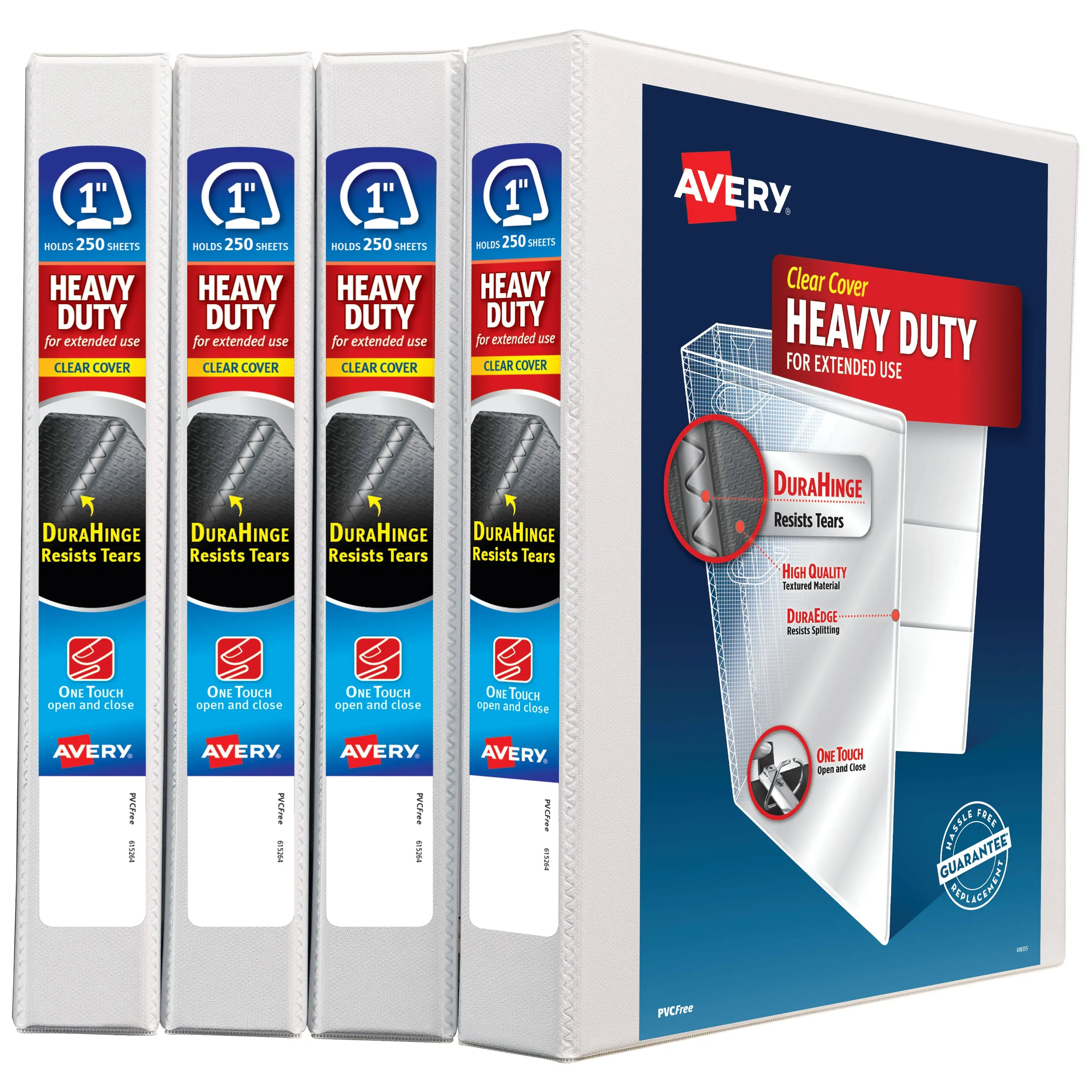 Avery - Heavy-Duty Non Stick View Binder with DuraHinge and Slant Rings, 3 Rings, 1" Capacity, 11 x 8.5, White, 4/Pack