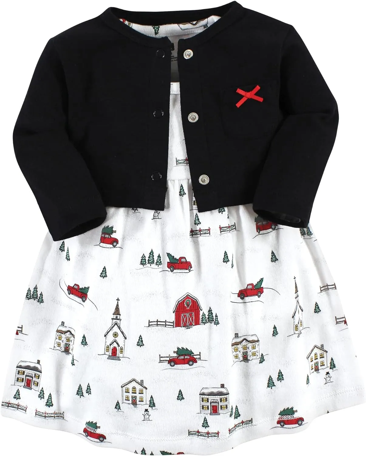 Hudson Baby Baby Girls Cotton Dress and Cardigan Set, Christmas Scene