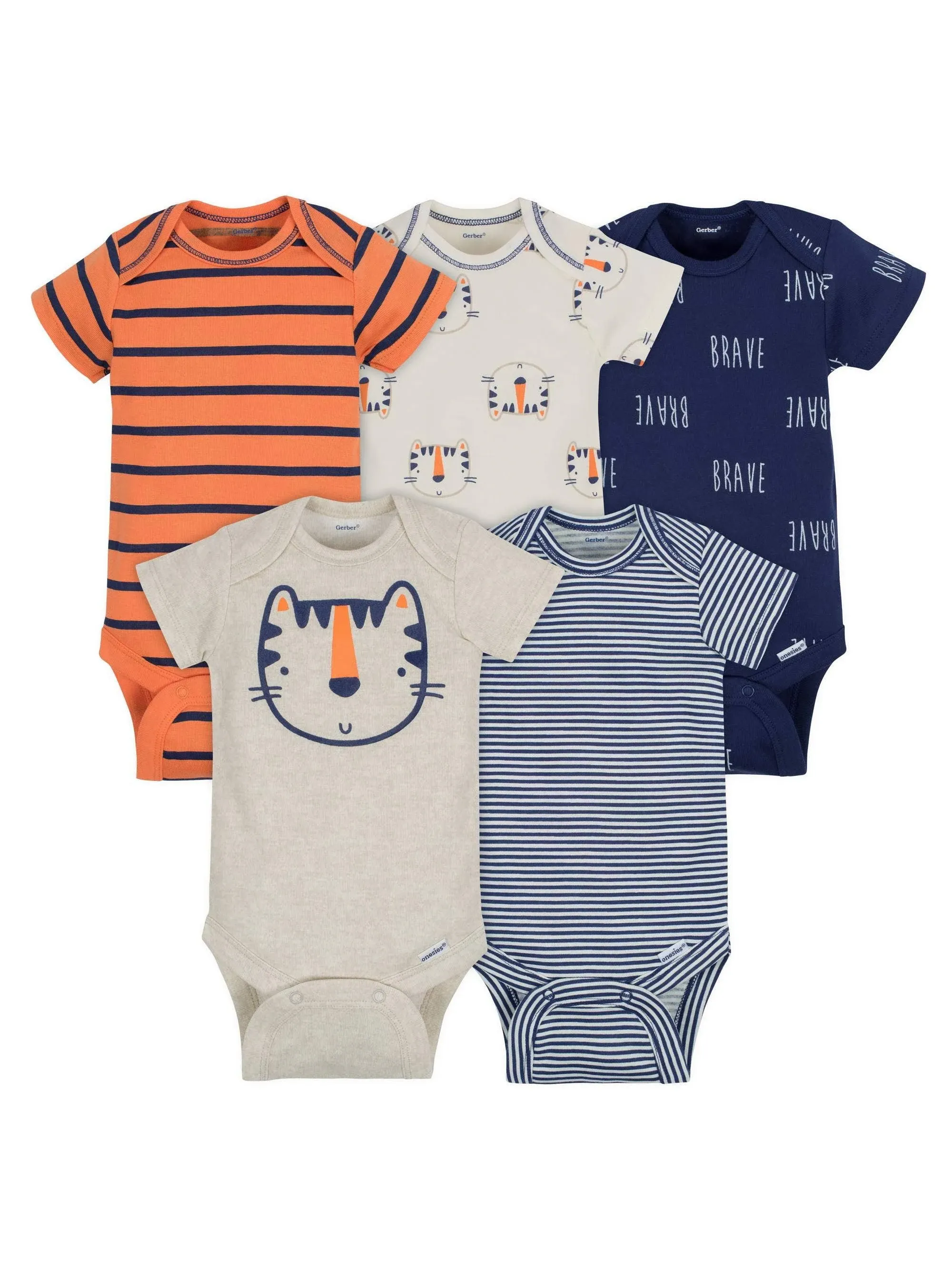 Gerber Baby 5-Pack Boys Tiger Short Sleeve Onesies Bodysuits - 6-9mo