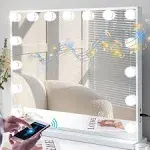 Fenair Hollywood Vanity Mirror with Lights with Speaker, Lighted Makeup Mirror with 15 Bulbs, 3 Light Colors, Adjustable Brightness, USB Port, Tabletop Wall Mount Bedroom Beauty Mirror