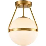 HOLKIRT Mid Century Modern Globe Semi Flush Mount Ceiling Light Fixture,White Opal with Brass Finish,Living/Dinning Room