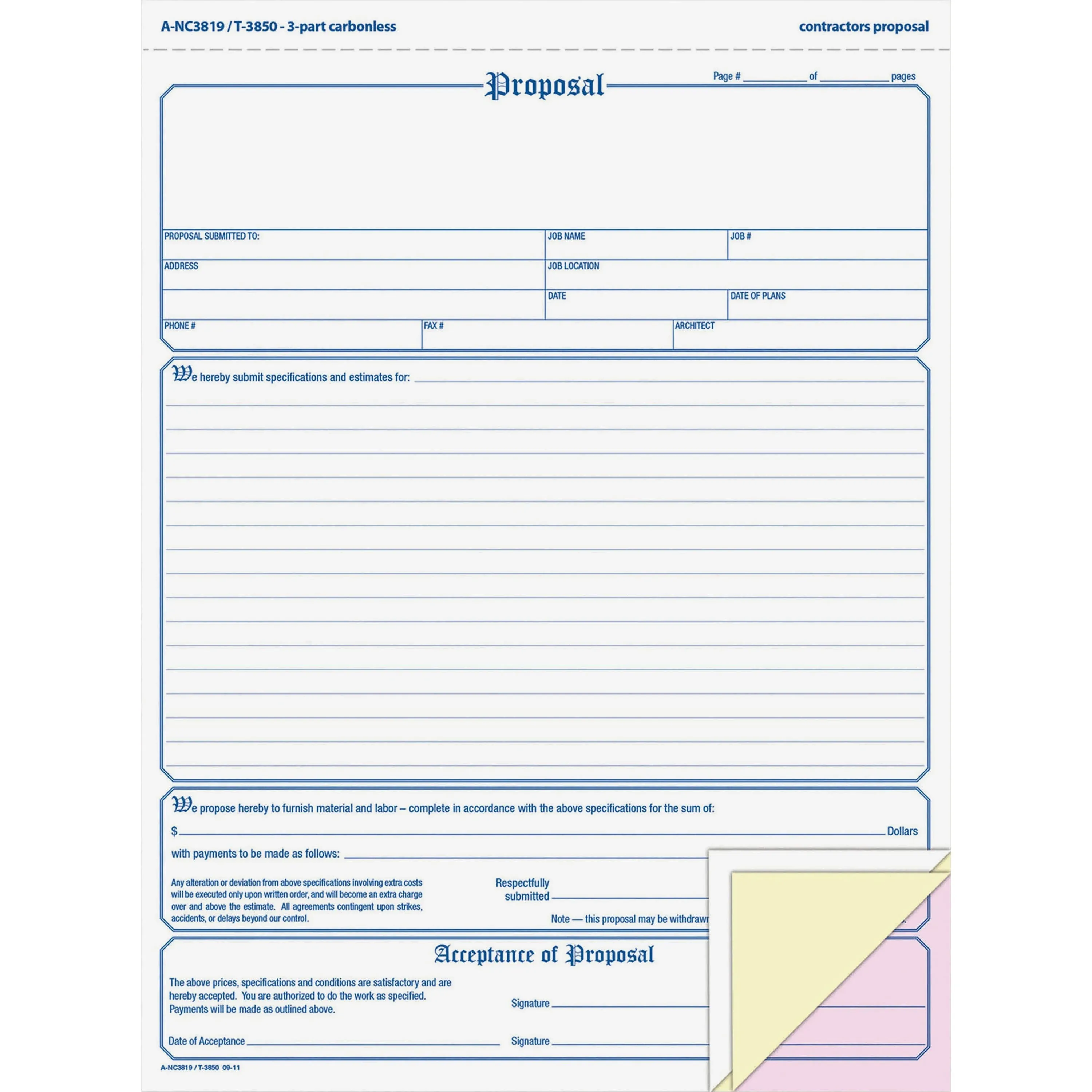 Adams Contractor Proposal Form, 3-Part Carbonless, 8 1/2 x 11 7/16, 50 Forms