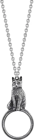 Pewter Cat Magnifying Glass Pendant Necklace 30"