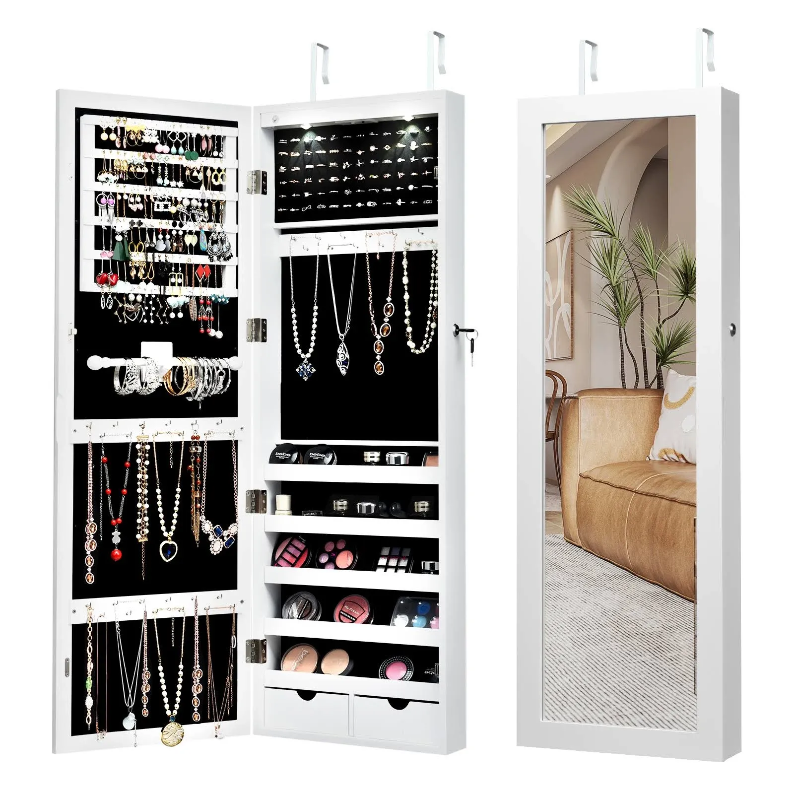 Costway Wall Mounted Mirrored Jewelry Cabinet Organizer with LED Lights