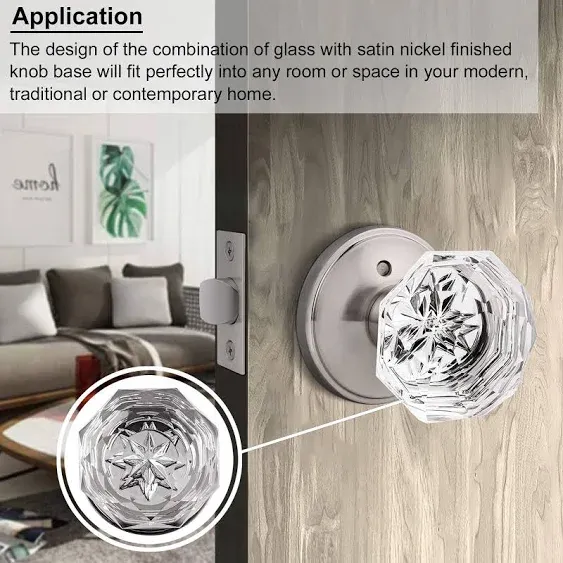 Crystal Bedroom Door Knobs with Lock,Glass Door Knobs Interior with Lock, Brushed Nickel Locking Glass Door Knobs, Crystal Privacy Door Knobs,Glass Door Knobs Interior with Lock, 2 Pack