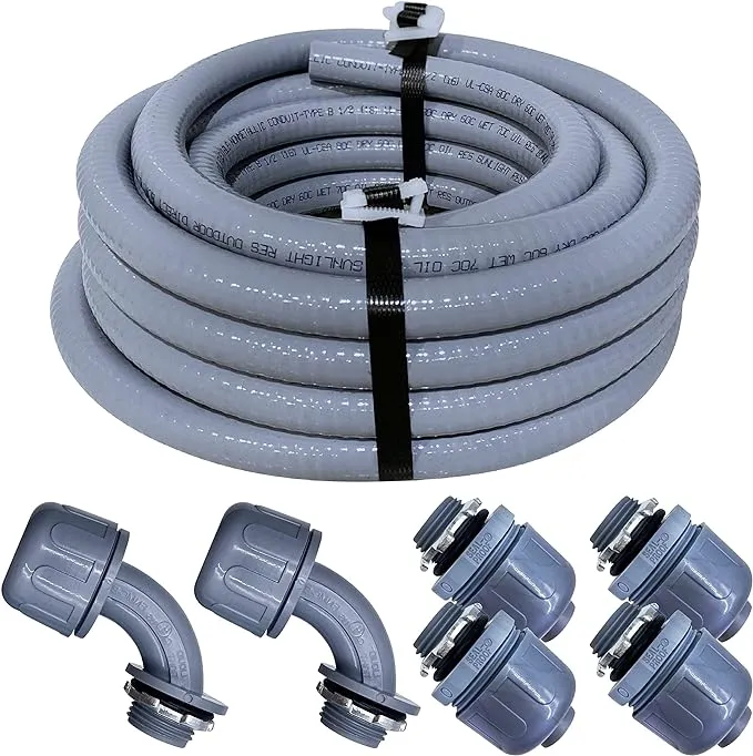 Sealproof 1/2-Inch Non-Metallic Liquid-Tight Conduit and Connector Kit, 25 Foot Made in USA Flexible Electrical Conduit Type B with 4 Straight and 2 90-Degree Conduit Connector Fittings, 1/2" Dia