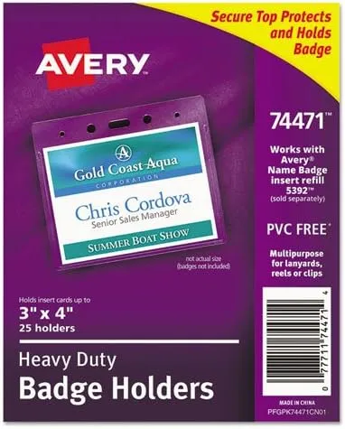 Avery Secure Top Heavy-Duty Badge Holders, Vertical, 3w x 4h, Clear, 25/Pack