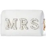 Y1tvei Bride Patch MRS Varsity Letter Cosmetic Toiletry Bag Pearl Rhinestone Letter Patches Bling Small White Makeup Bag PU Leather Waterproof Portable Zipper Purse Travel Organizer for Women Girls