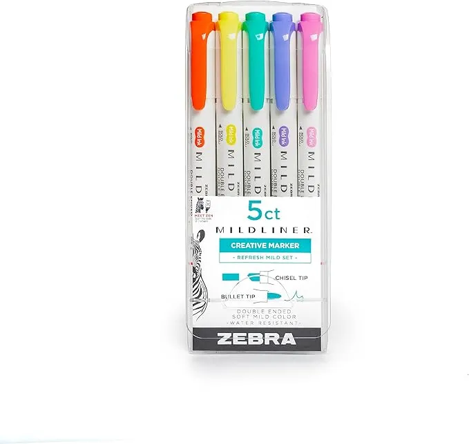 Zebra Pen Mildliner 78701 - Juego de resaltadores de doble extremo, puntas de cincel y bala, colores de tinta neutra y suave, paquete de 10