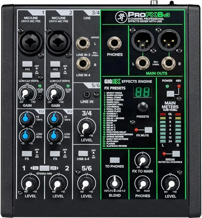 Mackie ProFXv3 Series, 6-Channel Professional Effects Mixer with USB, Onyx Mic Preamps and GigFX effects engine - Unpowered (ProFX6v3)