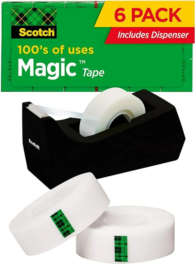 Scotch Magic Tape, 6 Rolls with Dispenser, Numerous Applications, Invisible, Engineered for Repairing, 3/4 x 1000 Inches, Boxed (810K6C38)