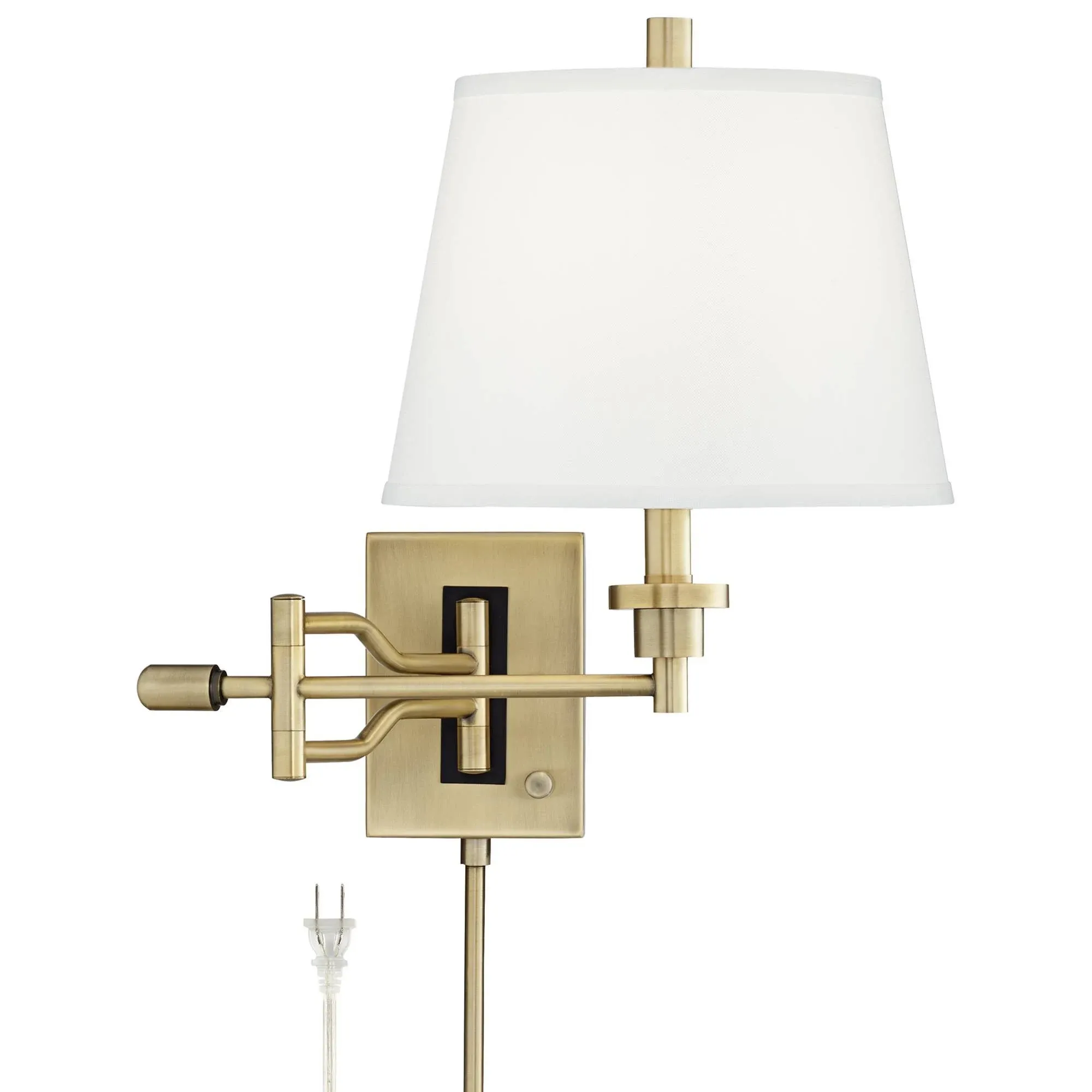 Eleganta Modern Swing Arm Wall Lamp Satin Brass Plug-In Fixture White Shade