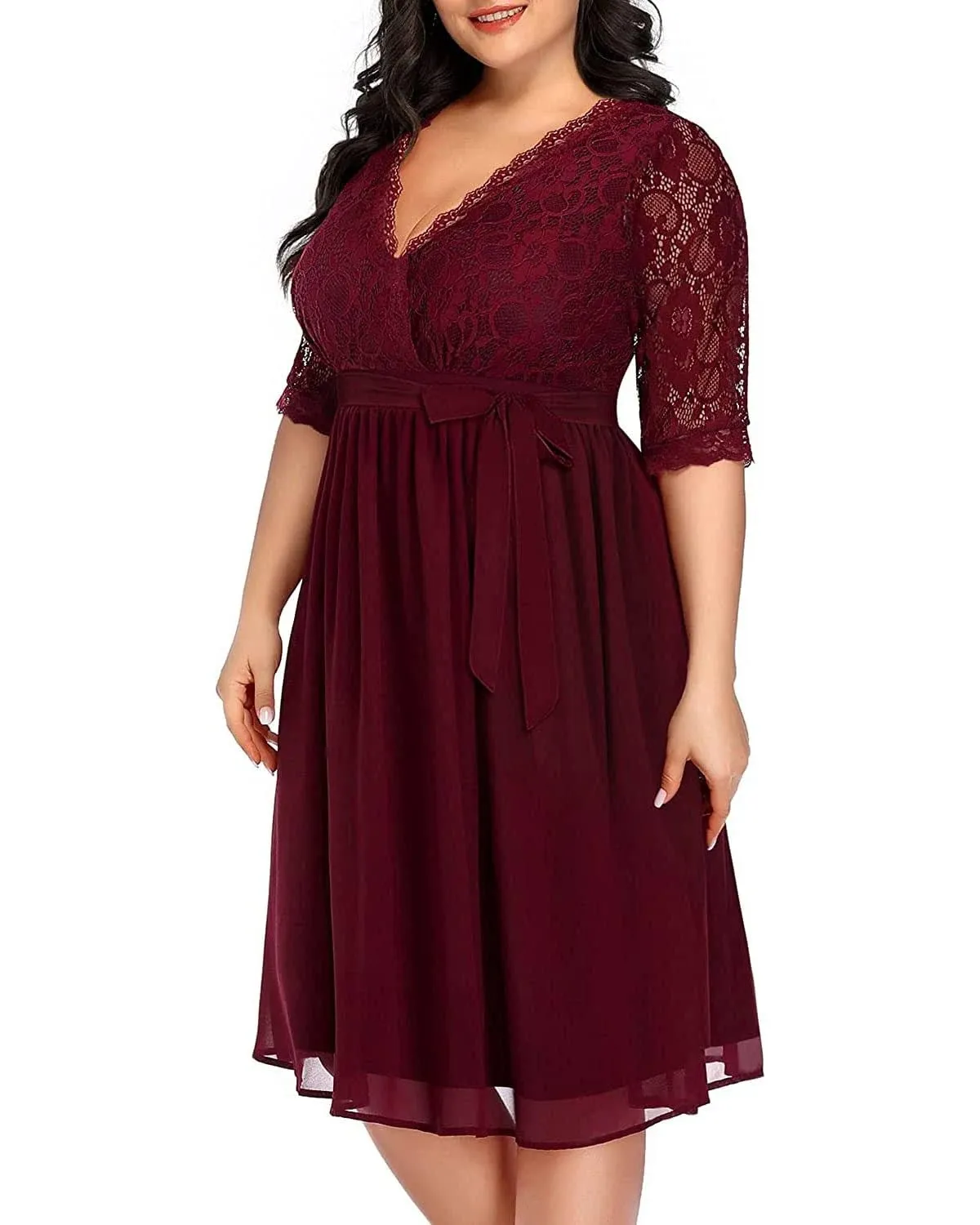 Pinup Fashion Plus Size Lace Chiffon Wrap V Neck Dresses Women Cocktail Wedding Guest Midi Dress