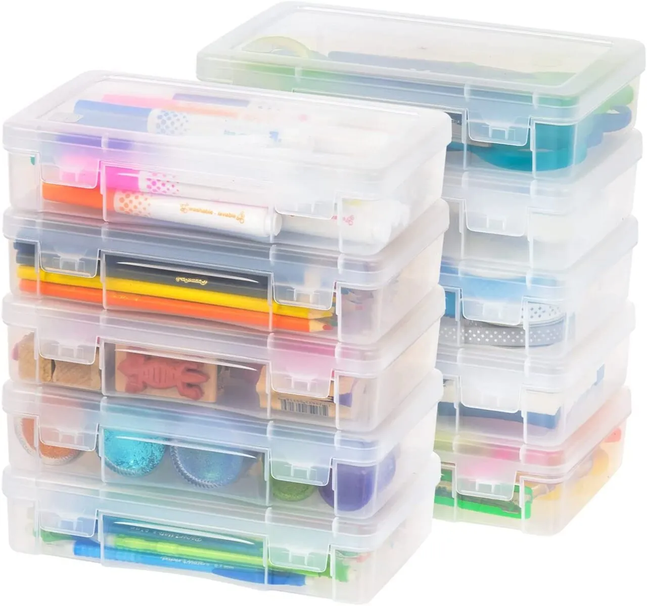 IRIS USA 10 Pack Small/Medium/Large Plastic Hobby Art Craft Supply Organizer Storage Containers with Latching Lid, for Pencil Case, Lego, Crayon, Ribbons, Tape, Beads, Sticker, Yarn, Stackable, Clear